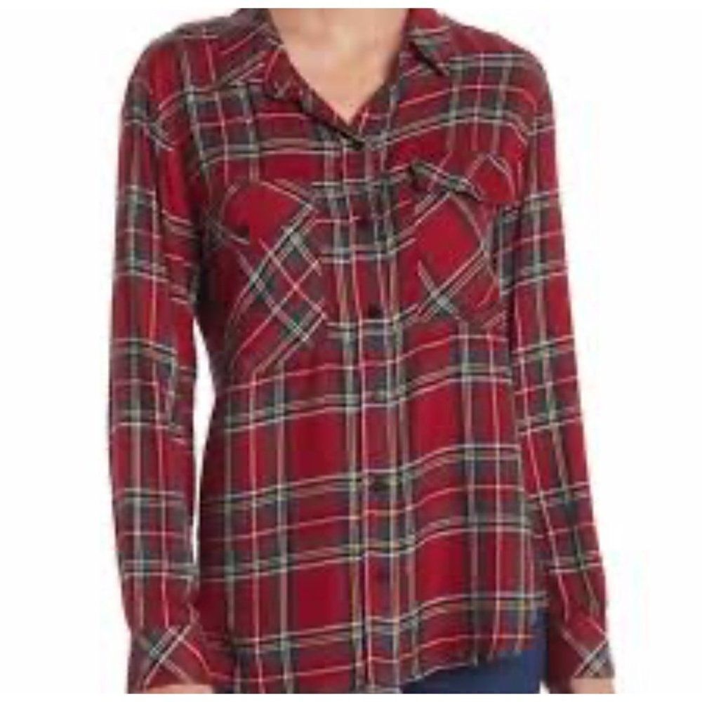 Sanctuary Red Plaid Boyfriend Button Up Shirt Size S